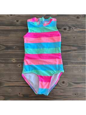 Art Class Girls Swimsuit XS 4/5 Stripe High Neck Zip Back One Piece